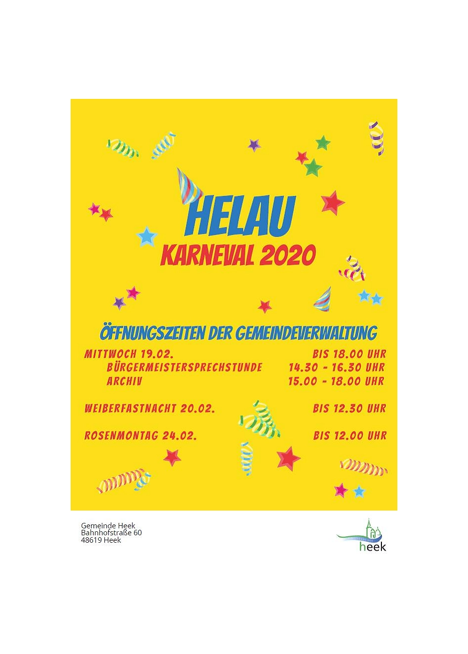 Öffnungszeiten Karneval 2020 neu © Gemeinde Heek